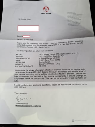 1973 LJ GTR XU1 Torana