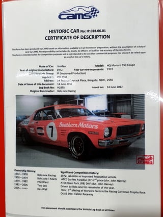 Genuine Bob Jane Racing 1972 HQ GTS 350 Monaro - Improved Production Race Car (Withdrawn)