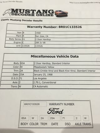 1968 Mustang Resto mod 289 V8