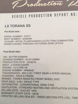 1976 LX SS Torana Hatchback 308 V8