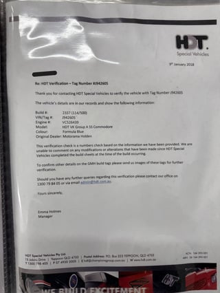 1985 HDT VK Group A SS Build No. 114/500 - 87,801 km 