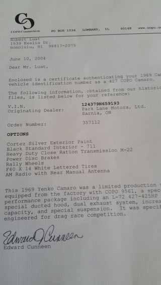 1969 Chevrolet Camaro 427ci 4sp COPO