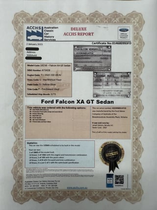 1973 Ford Falcon XA GT 4 Sp Manual - Yellow Glo