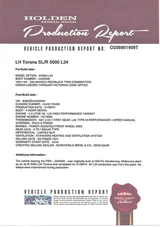 1974 Holden LH Torana SL/R 5000 L34