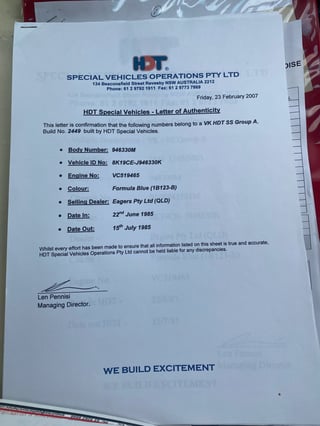1985 HDT VK SS Group A Brock Commodore - Build No 265