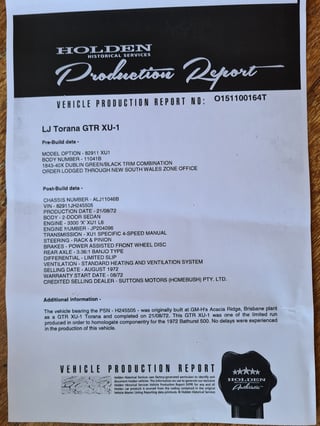 1972 Bathurst LJ GTR XU1 Torana