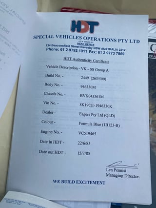 1985 HDT VK SS Group A Brock Commodore - Build No 265