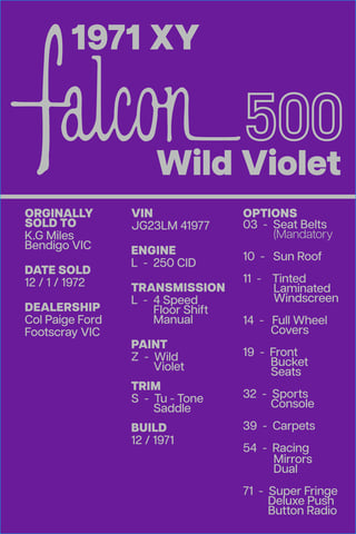 1971 Ford XY Falcon 500 6cyl Top Loader - Wild Violet Sunroof