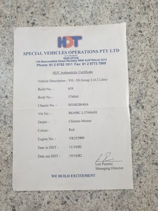 1982 VH HDT SS Commodore Group 2 Build No 659 - Maranello Red