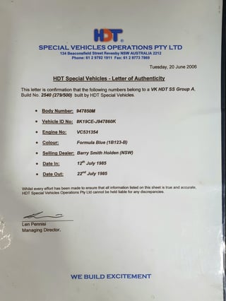 1985 VK HDT Commodore SS Group A - Build 279/500