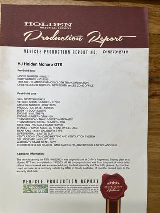 1975 Holden HJ GTS Monaro 2-Door Coupe - Chamois Unrestored Survivor 