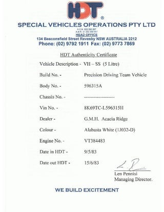 VH SS Commodore GMH Precision Driving Team car