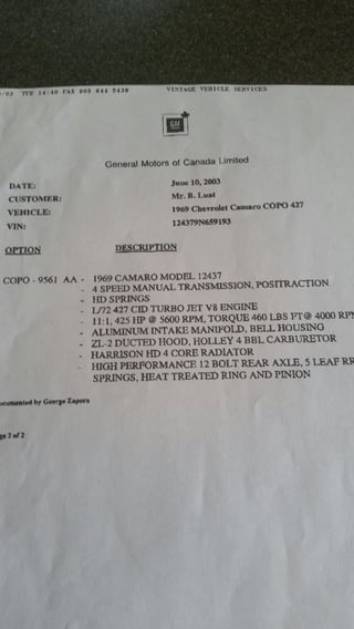 1969 Chevrolet Camaro 427ci 4sp COPO