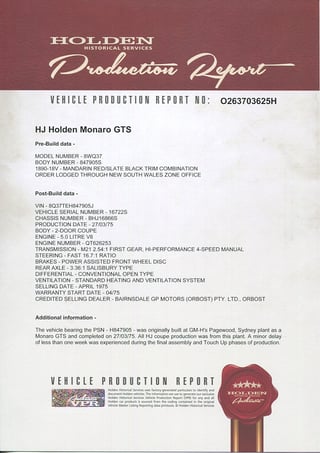 1975 Holden HJ GTS Monaro Coupe - Rare 5.0L 4sp - Concours Restored  