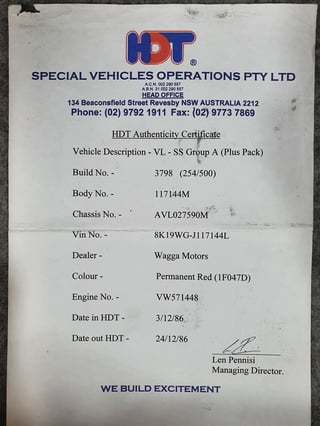 1986 HDT VL Commodore SS Group A - Plus Pack