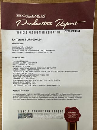 1974 Holden LH Torana L34 SLR 5000